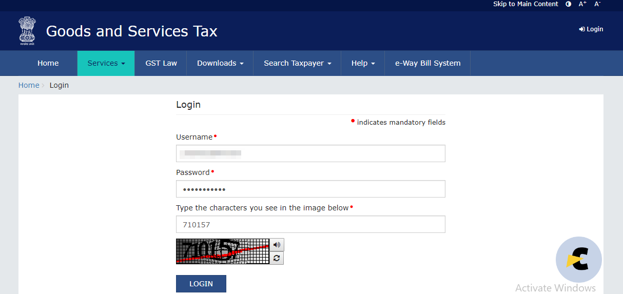 GST Login Screen