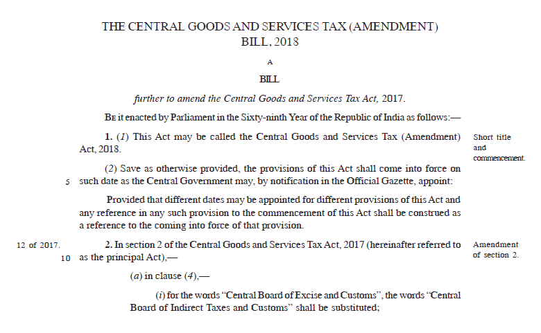 The Central Goods and Services Tax (Amendment) Bill, 2018