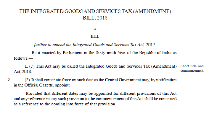 The Integrated Goods and Services Tax (Amendment) Bill, 2018