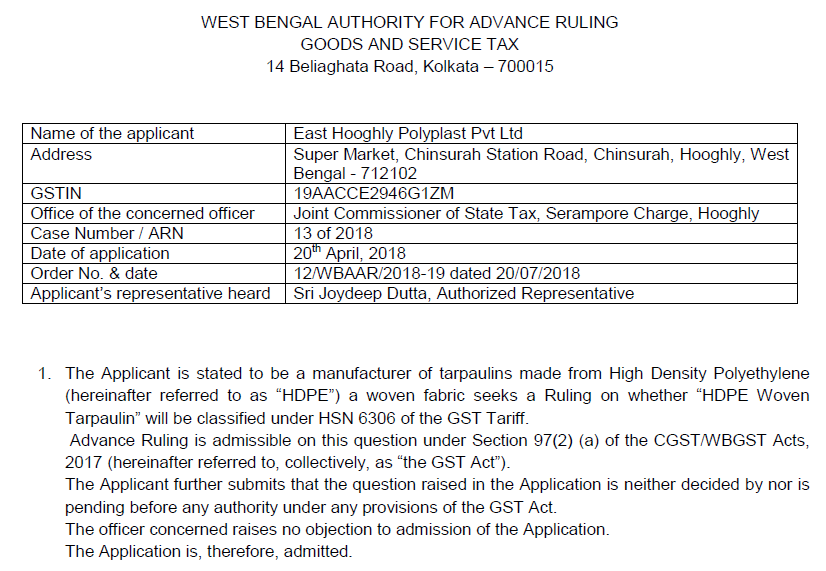 High-Density Polyethylene Woven Tarpaulin does not fall Under HSN 6306: AAR