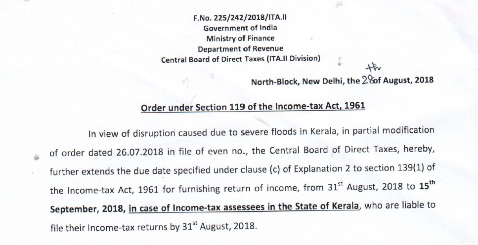Extension of date for filing ITR in the State of Kerala
