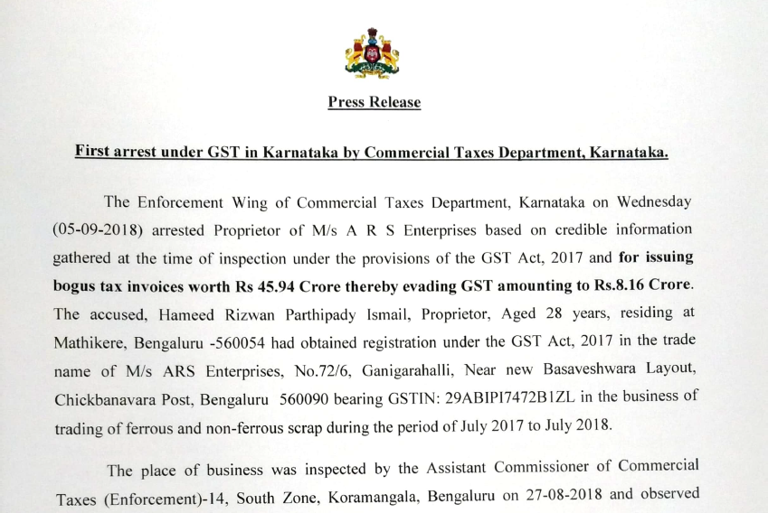 First Arrest under GST in Karnataka