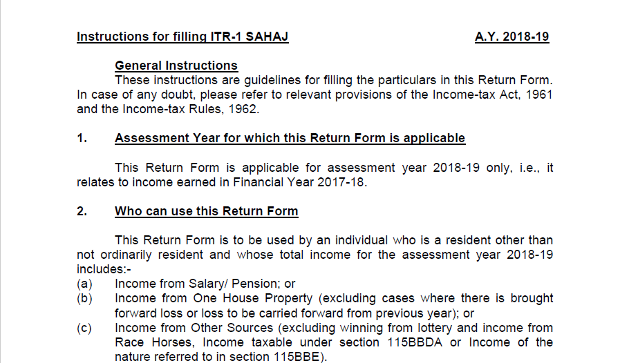 Update on Instructions for filling ITR-1 SAHAJ