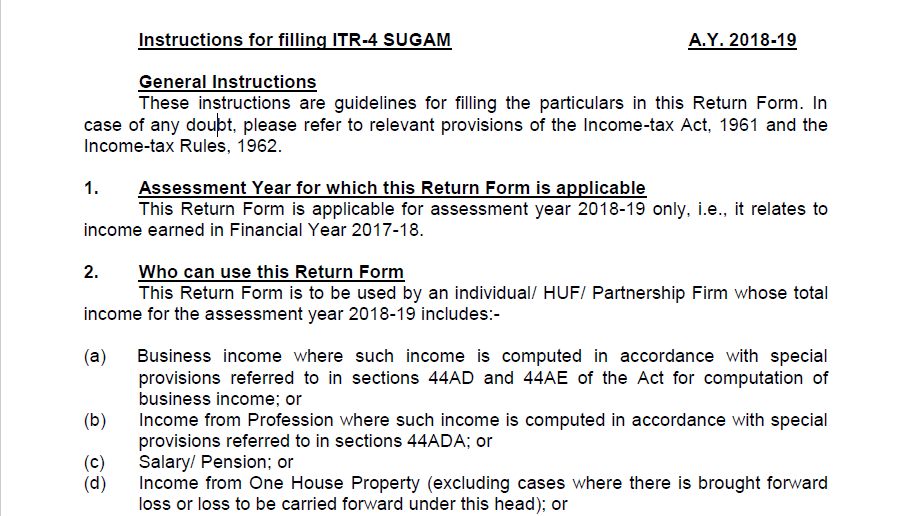 Update on Instructions for filling ITR-4 SUGAM