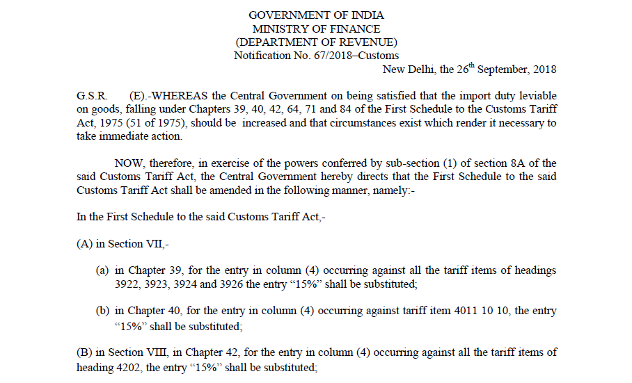 Notification No. 67/2018–Customs
