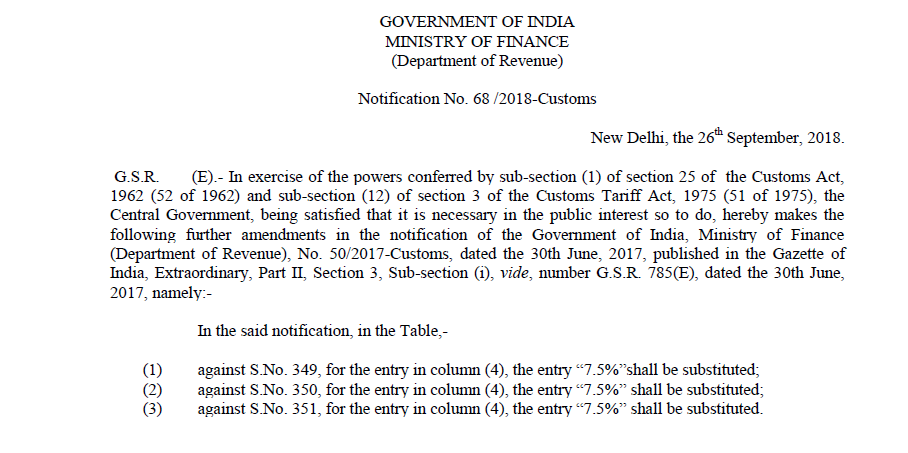 Notification No. 68 /2018-Customs