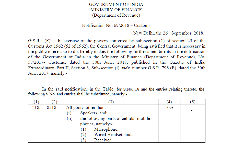 Notification No. 69/2018 – Customs