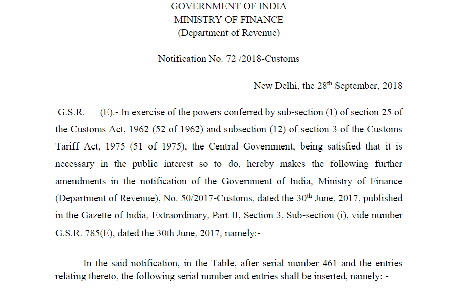 Notification No. 72 /2018-Customs