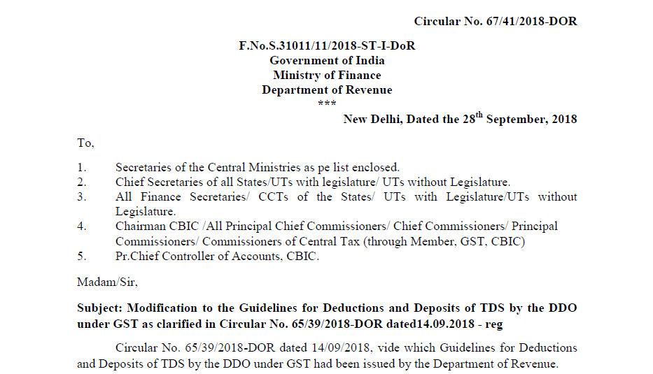 Circular No. 67/41/2018-DOR