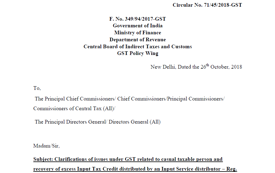 Circular No. 71/45/2018-GST