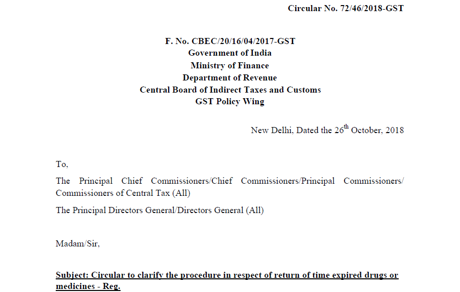 Circular No. 72/46/2018-GST