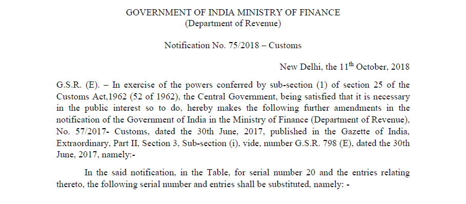 Notification No. 75/2018 – Customs