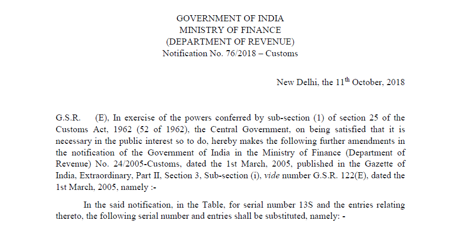 Notification No. 76/2018 – Customs