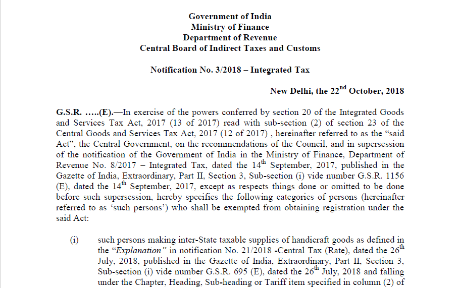 Notification No. 3/2018 – Integrated Tax