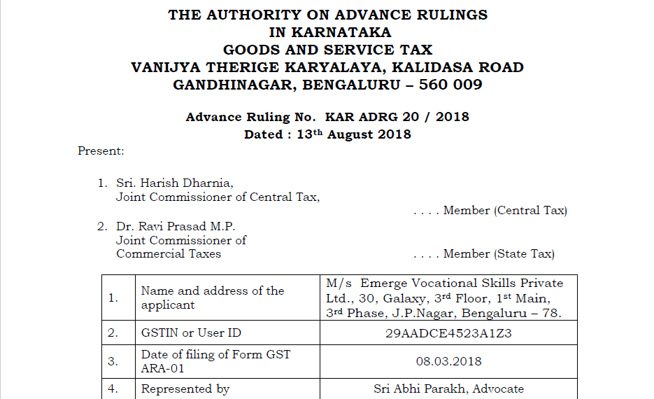 Original copy of GST AAR of M/s Emerge Vocational Skills Private
