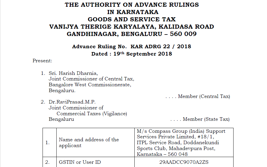 Original order of GST AAR of M/s Compass Group (India) Support Services Private Limited