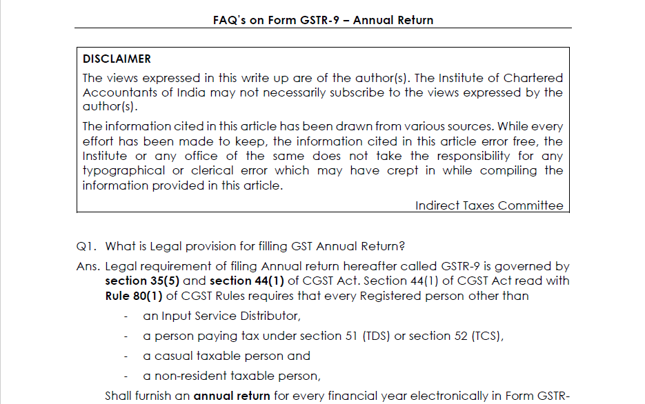 FAQs on GSTR-9 by Indirect Tax Committee