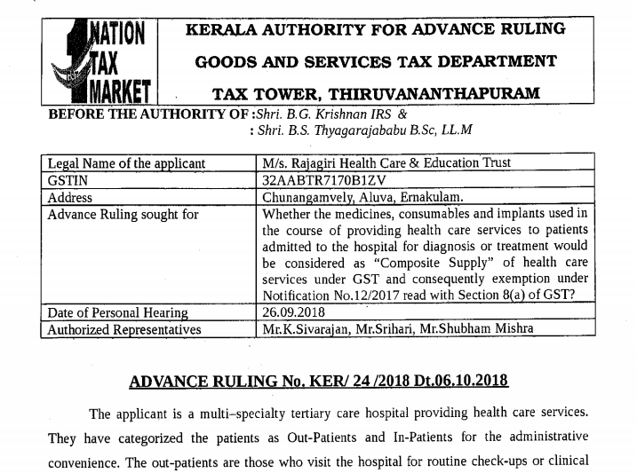 Original GST AAR of M/s. Rajagiri Health Care & Education Trust