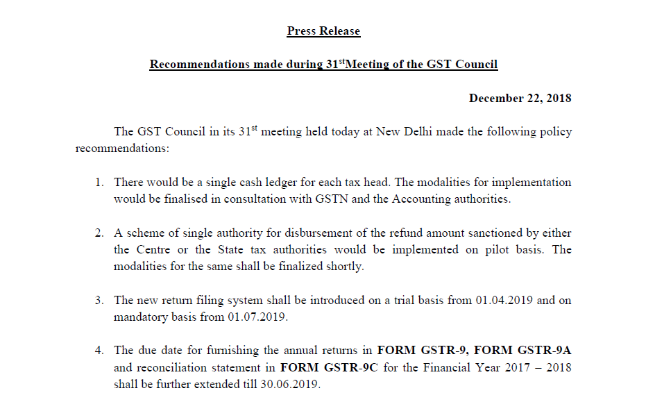 Recommendations made during 31st Meeting of the GST Council