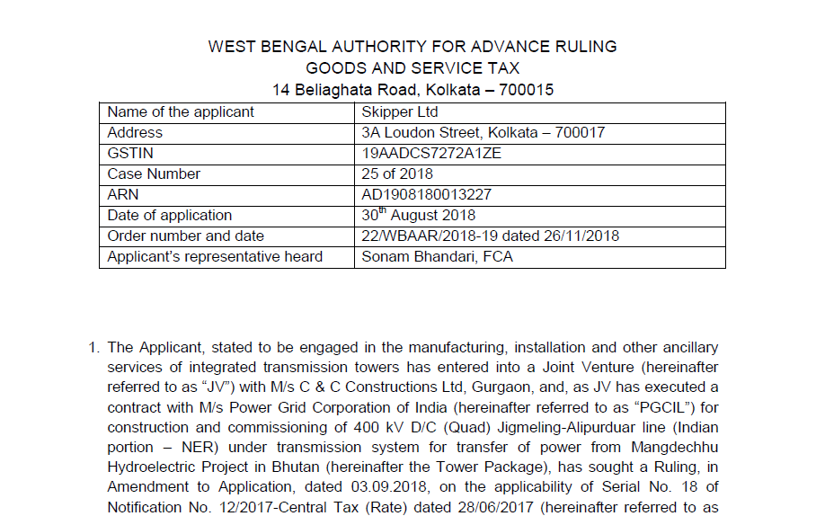 GST AAR of Skipper Ltd