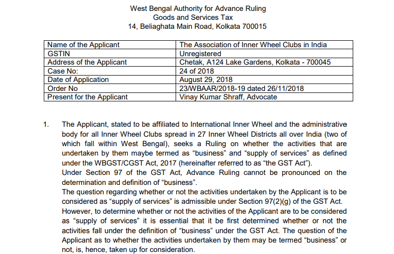GST AAR of The Association of Inner Wheel Clubs in India