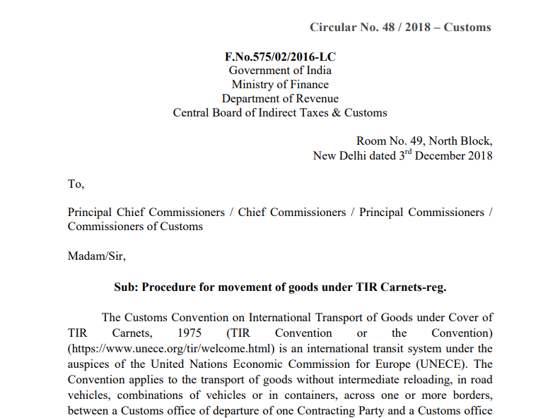Circular No. 48 / 2018 – Customs