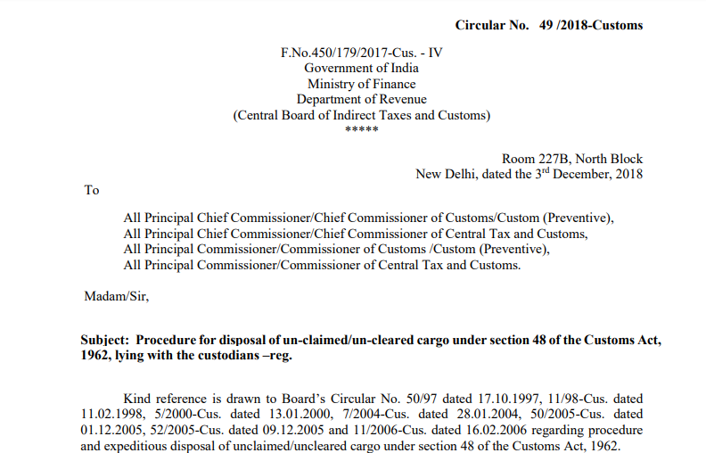 Circular No. 49 /2018-Customs