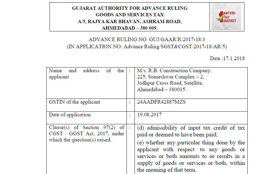 GST AAR of M/s. R.B. Construction Company