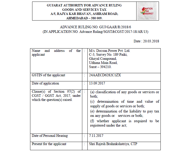 GST AAR of M/s. Docsun Power Pvt. Ltd.