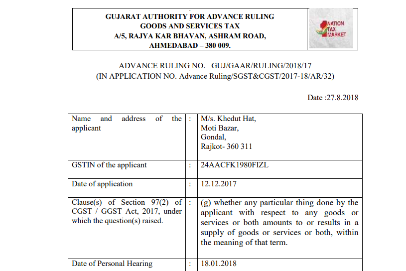 GST AAR of M/s. Khedut Hat