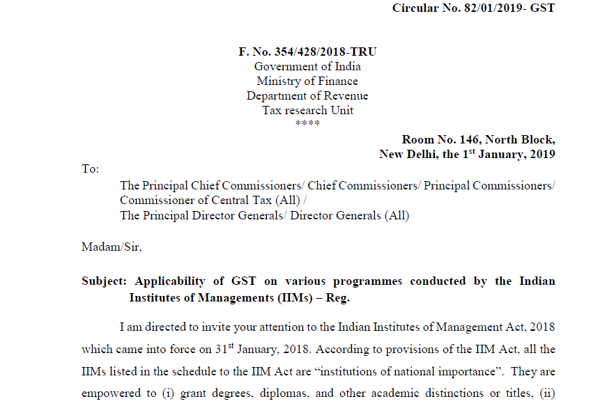 Circular No. 82/01/2019- GST