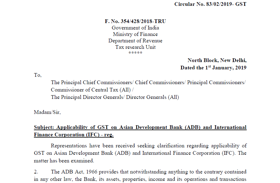 Circular No. 83/02/2019- GST