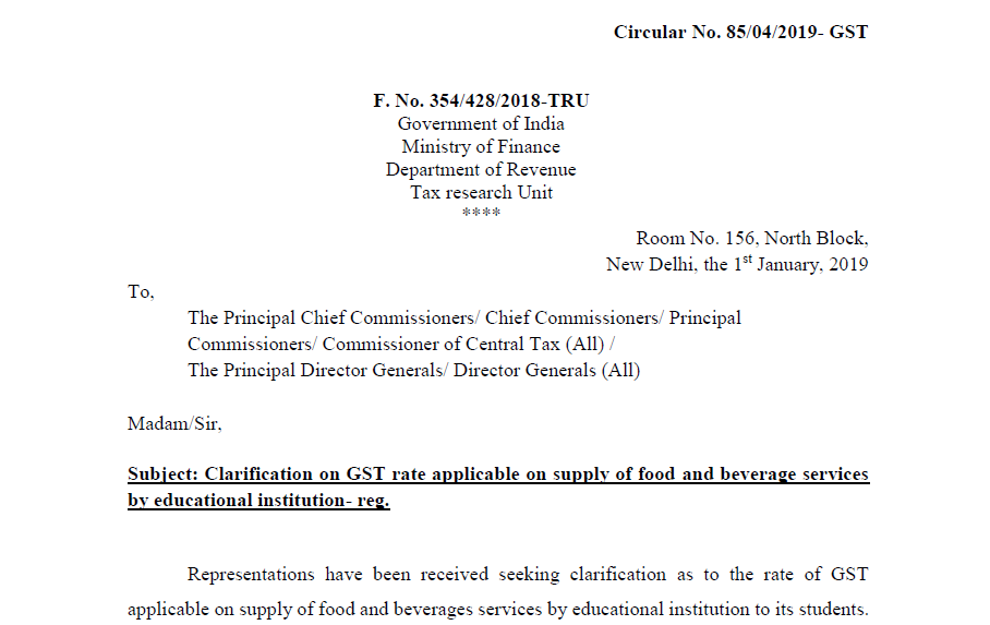Circular No. 85/04/2019- GST