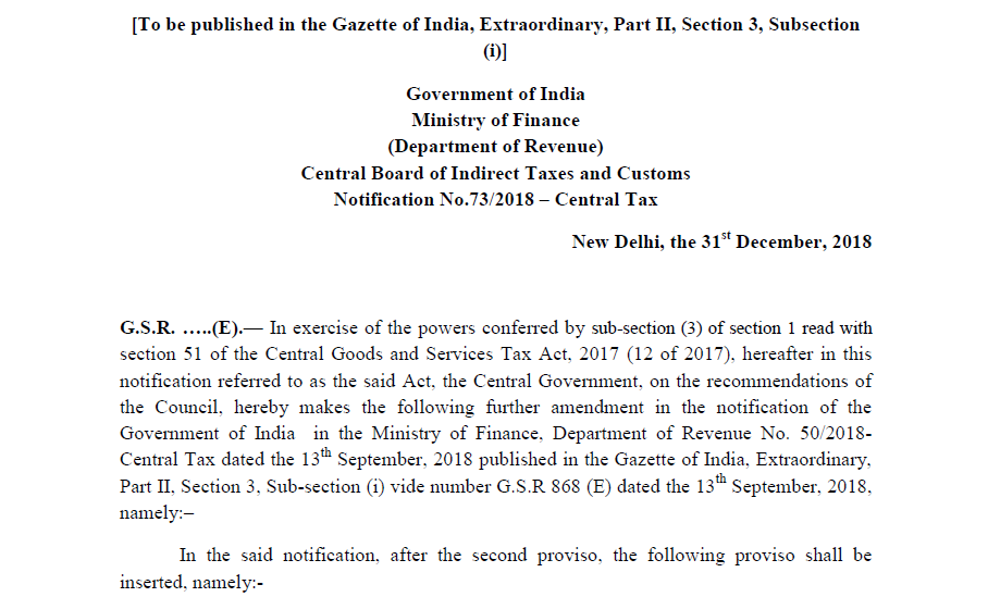 Notification No.73/2018 – Central Tax