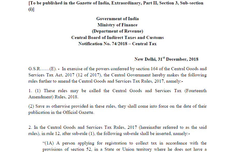 Notification No. 74/2018 – Central Tax
