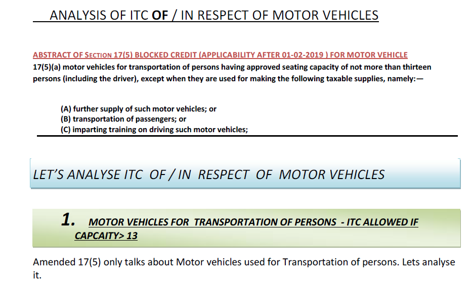 Analysis of ITC of/in respect of Motor vehicles