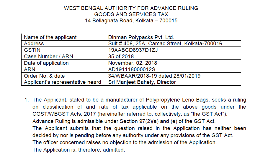 Original order of GST AAR of Dinman Polypacks Pvt. Ltd.