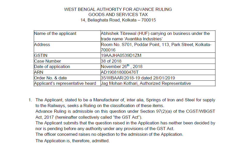 GST AAR of Avantika Industries