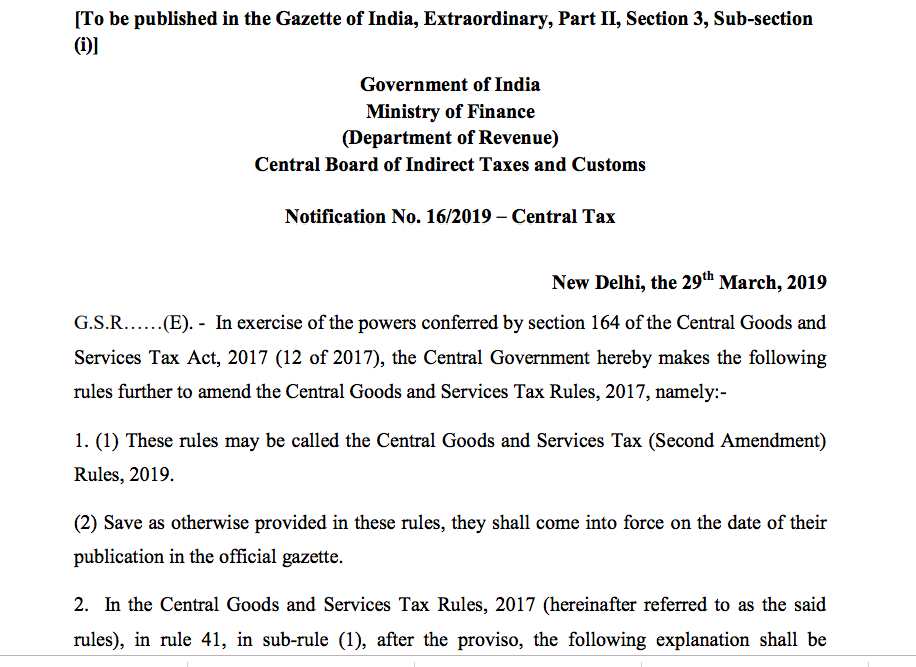 CGST (Second amendment rules) 2019