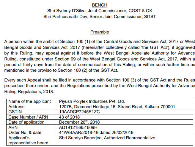 GST AAR of Piyush Polytex Industries Pvt. Ltd.