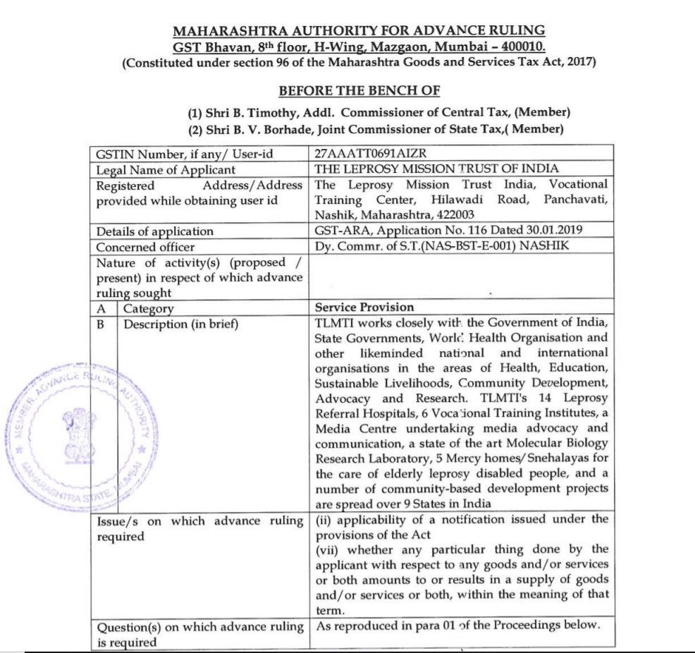 GST ARA ORDER - THE LEPROSY MISSION TRUST OF INDIA.AAR 1