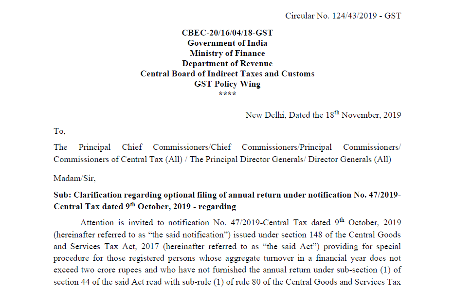 Circular No. 124/43/2019 - GST