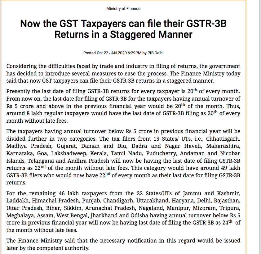 GSTR-3B new due dates press release