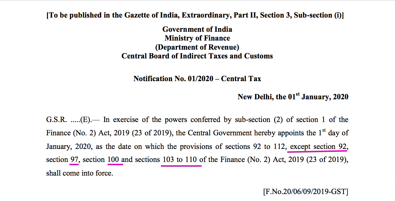 GST provisions notified from 1.01.2020 
