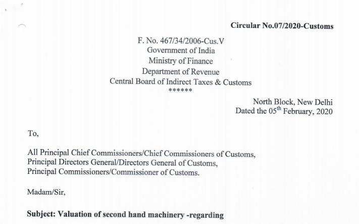 Valuation of second-hand machinery: Circular No.07/2020