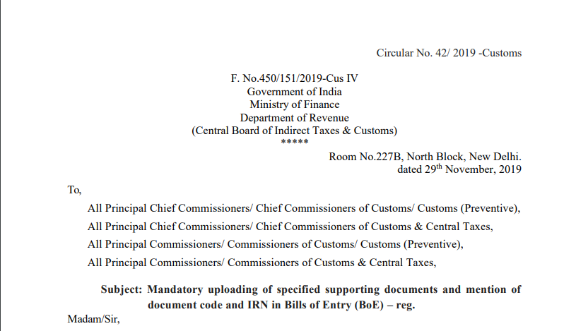 Mandatory uploading of specified supporting documents and mention of document code and IRN in the Bill of Entry(BoE).