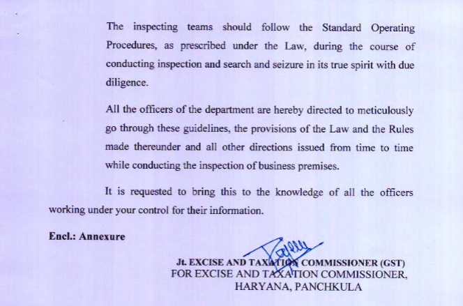 Guidelines to be followed before authorizing for conducting Inspection, Search and Seizure Under Haryana GST Act.
