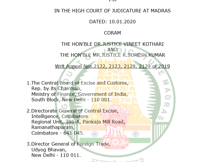 Madras HC allows Benefit of DEPB/Duty Drawback under Import-Export Policy in case of 100% EOUs