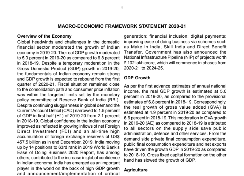 MACRO-ECONOMIC FRAMEWORK STATEMENT 2020-21