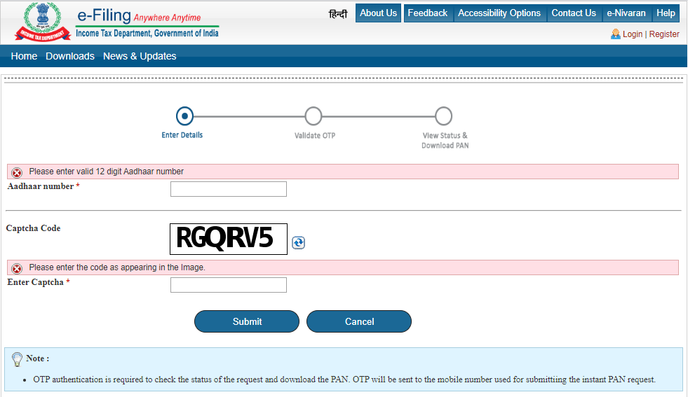 Instant PAN Allotment in Near to Real-Time is Available at Free of Cost.